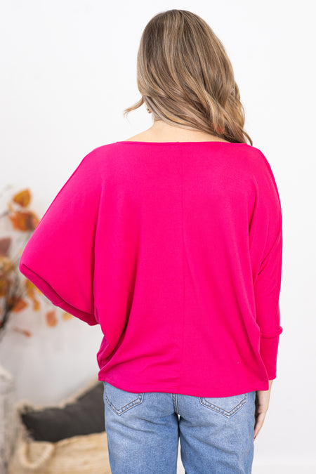 Hot Pink Cowl Neck Dolman Sleeve Top