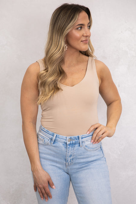 Light Tan Double V-Neck Tank