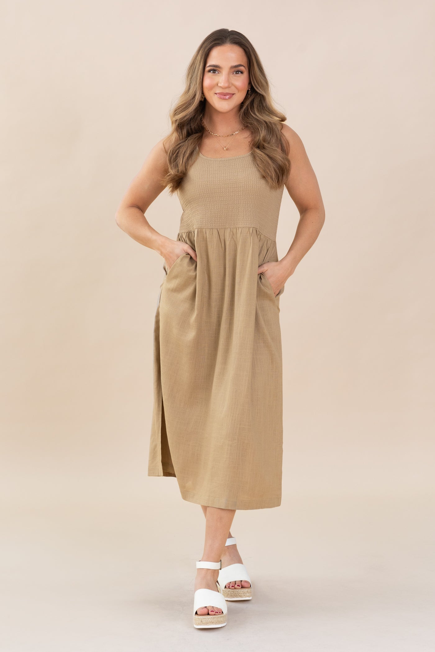 Mocha Tank Linen Midi Dress With Slit