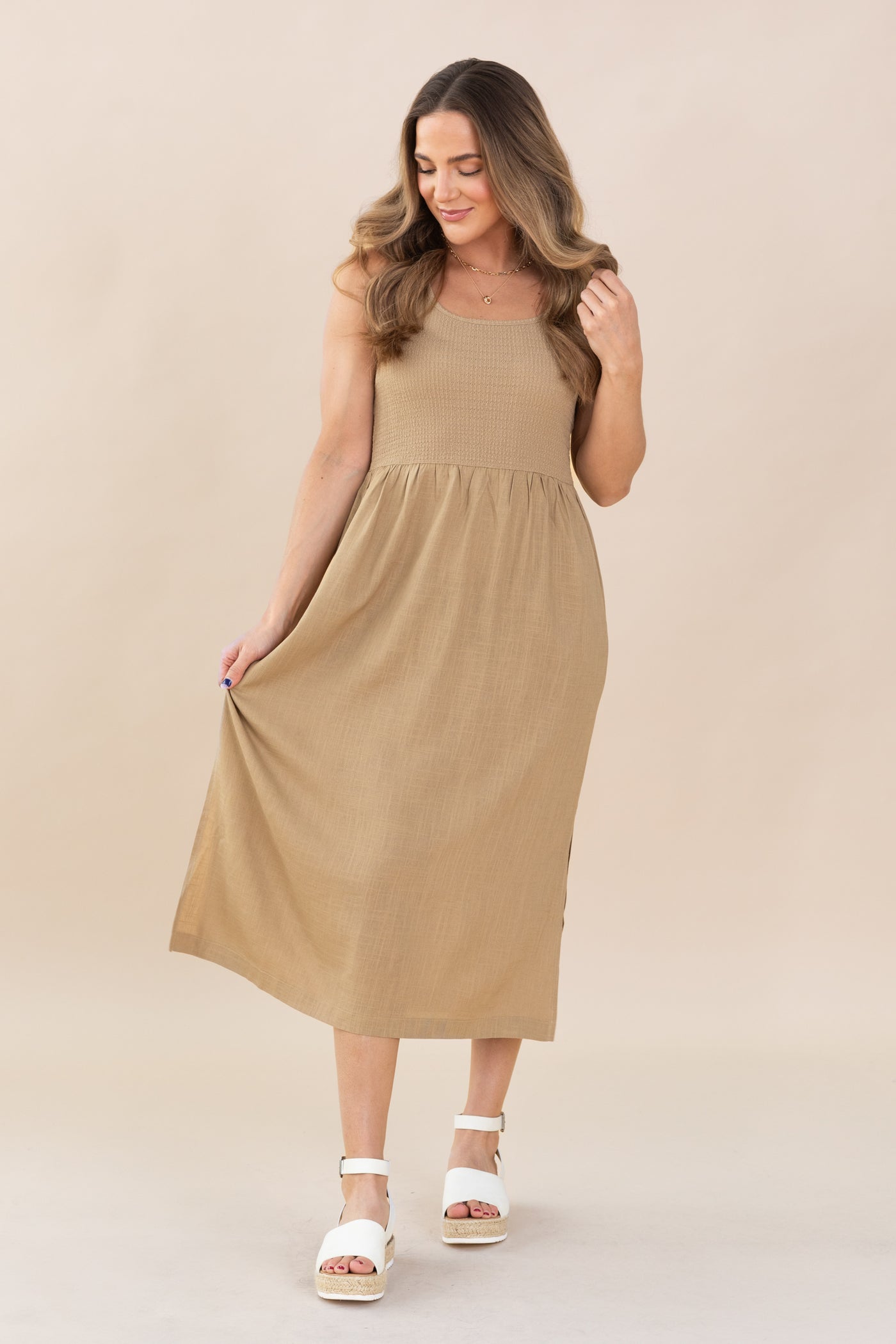 Mocha Tank Linen Midi Dress With Slit