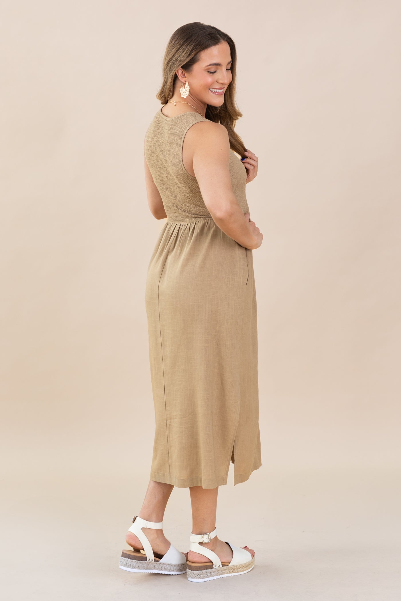 Mocha Tank Linen Midi Dress With Slit