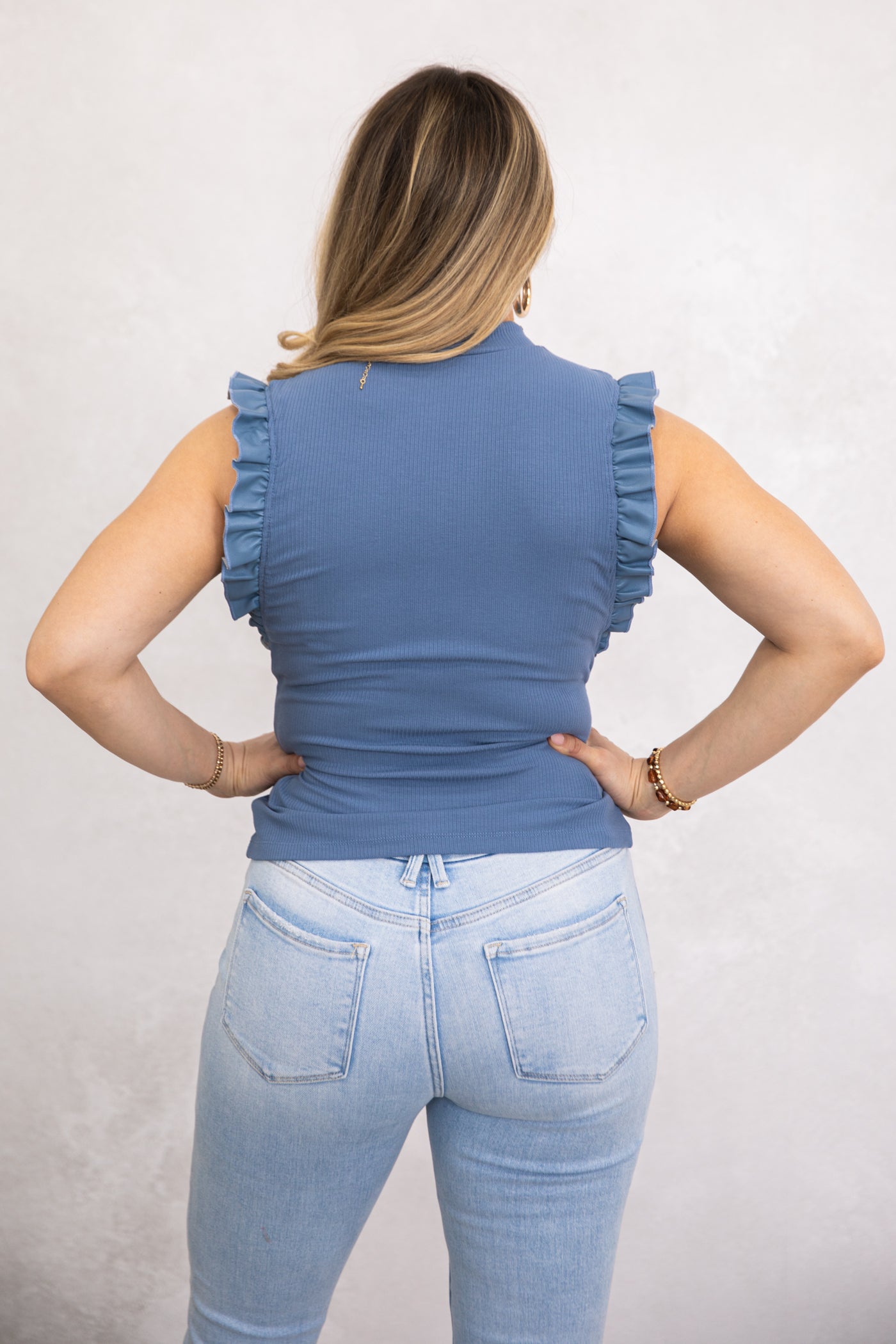 Slate Blue Mock Neck Faux Leather Ruffle Tank