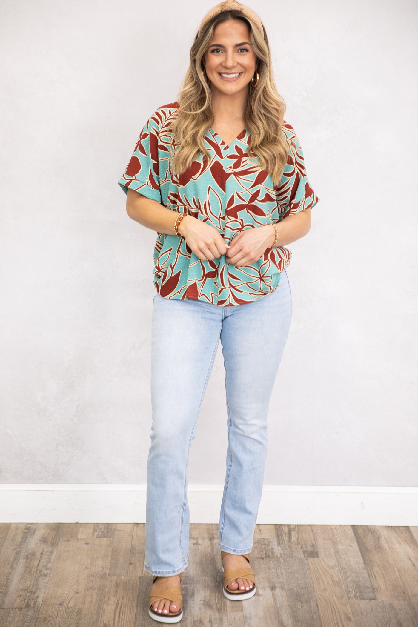 Light Teal and Rust Floral Woven Top