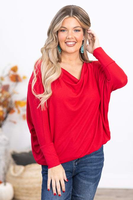 Red Cowl Neck Dolman Sleeve Top