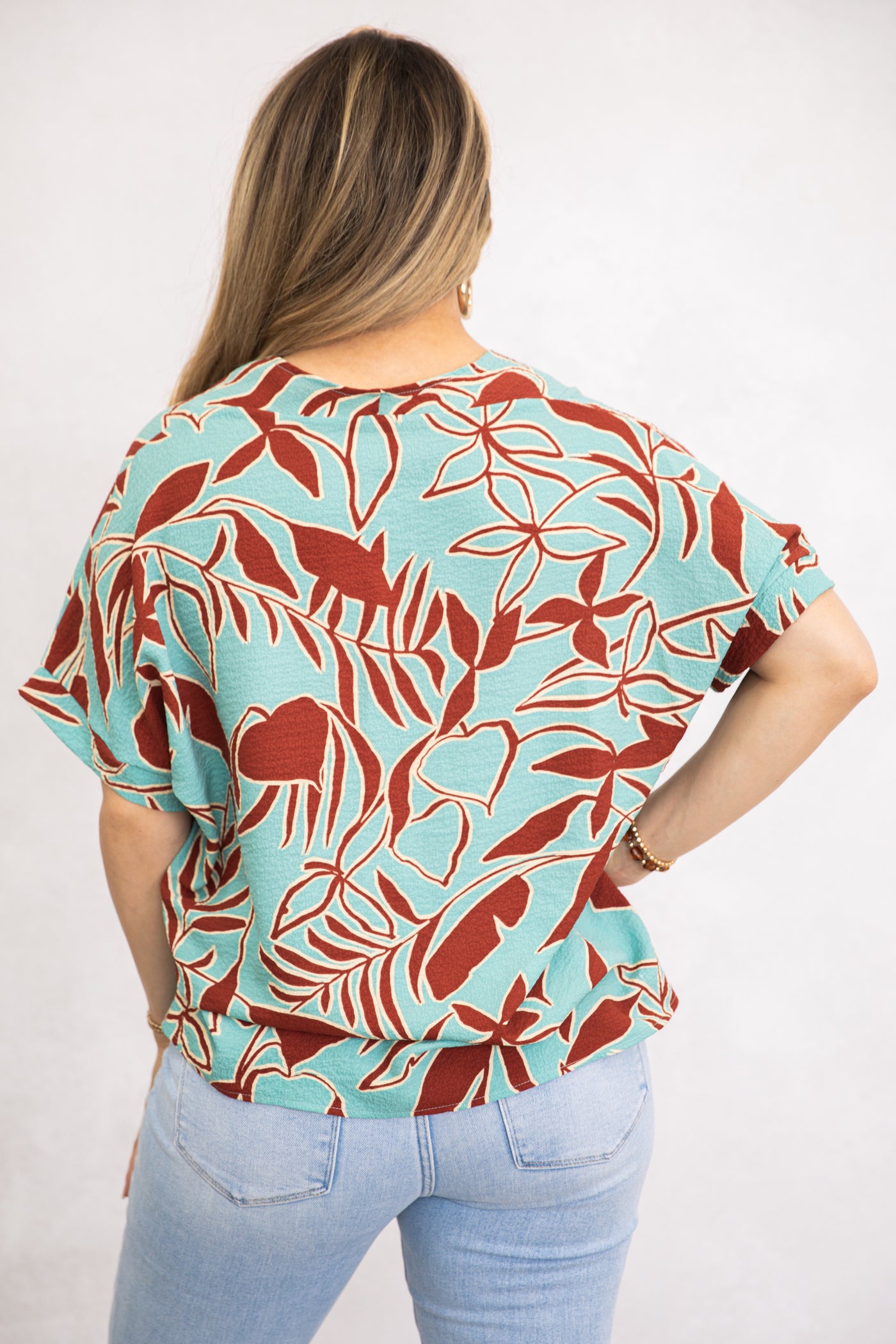 Light Teal and Rust Floral Woven Top