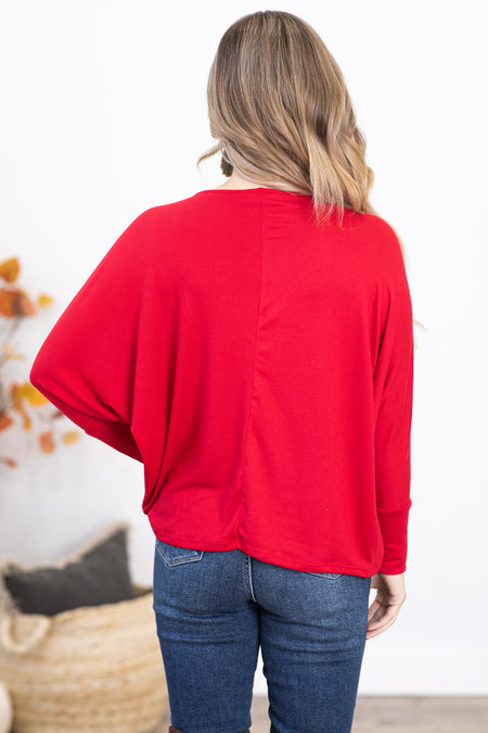 Red Cowl Neck Dolman Sleeve Top