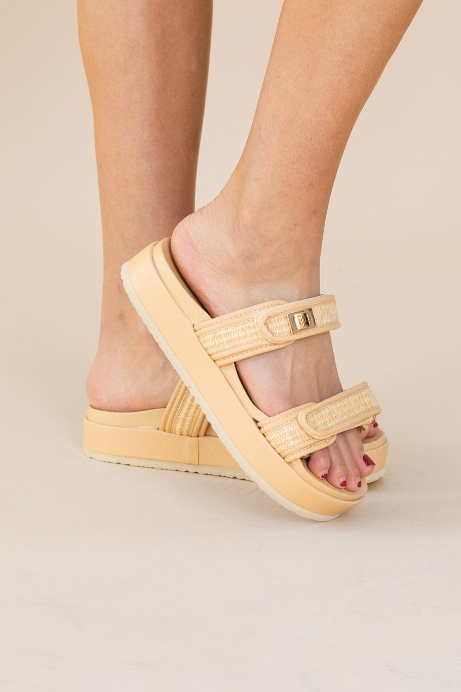 Beige Two Strap Velcro Raffia Slip On Sandal