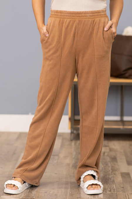 Taupe Washed Sweatpants With Seam Detail