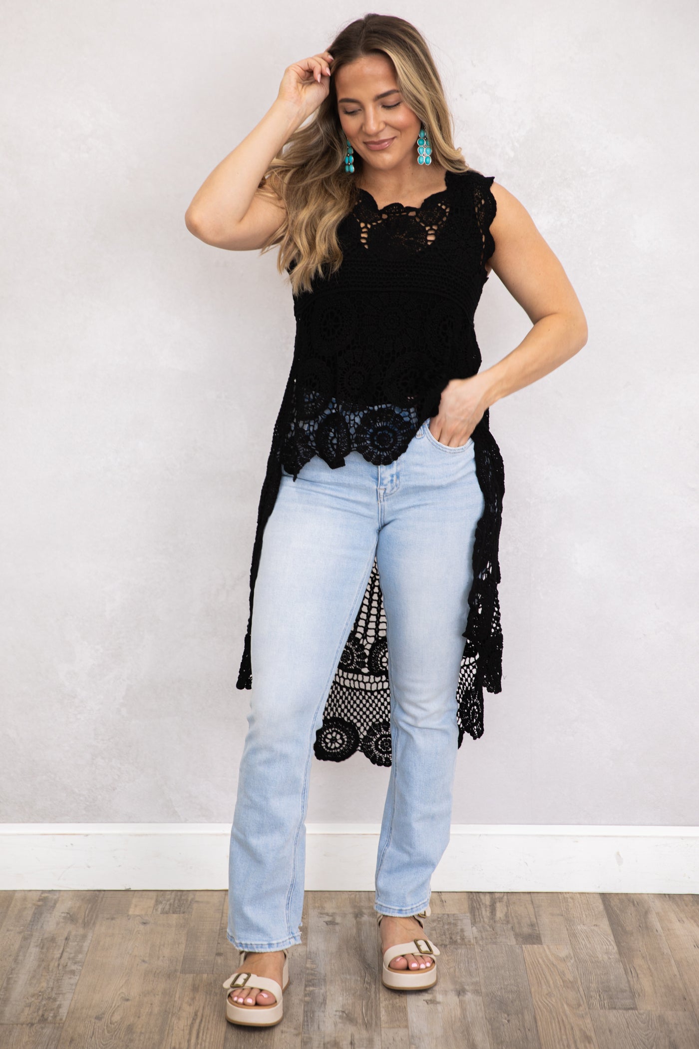 Black Crochet Hi-Low Sleeveless Tunic Knit Top