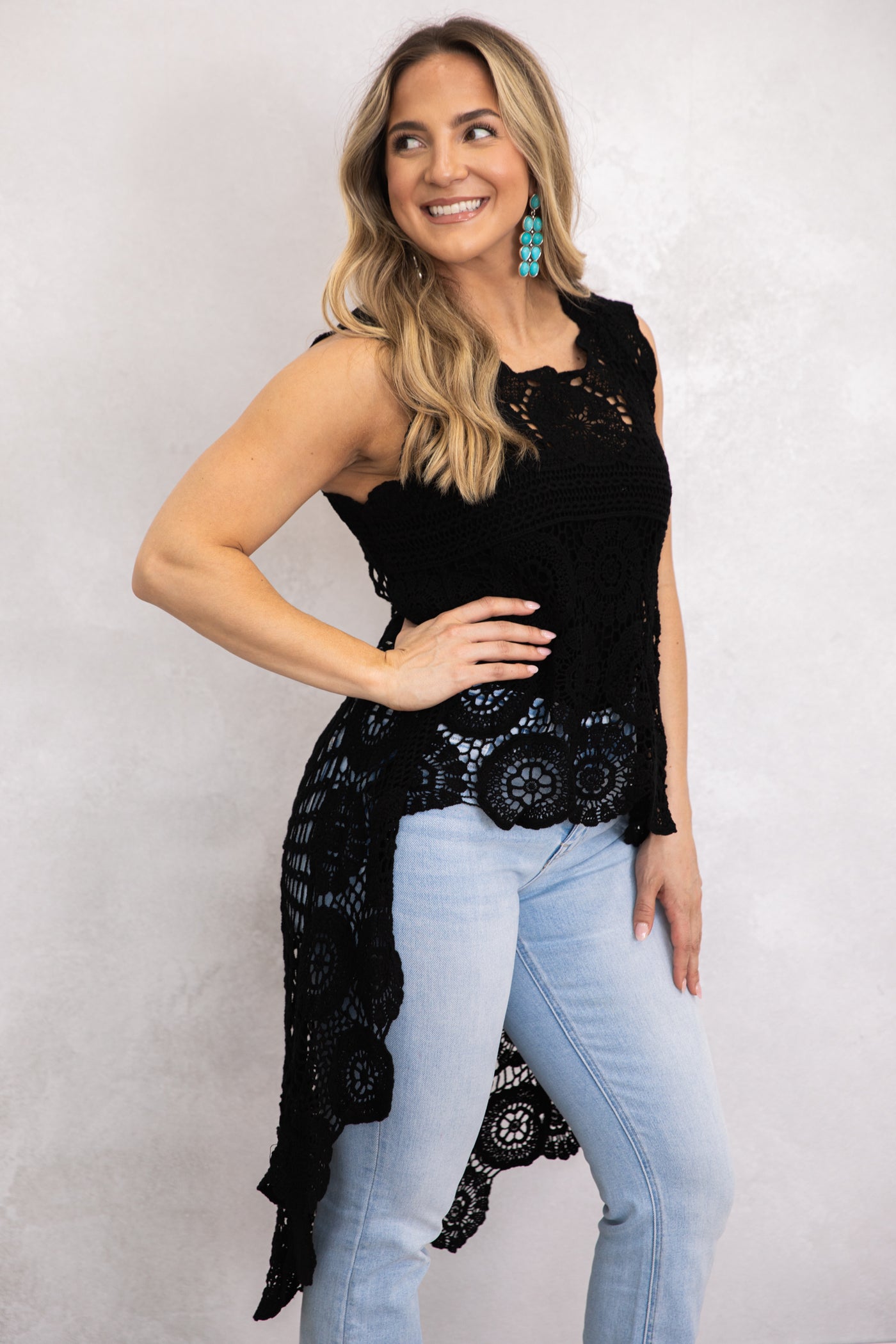 Black Crochet Hi-Low Sleeveless Tunic Knit Top