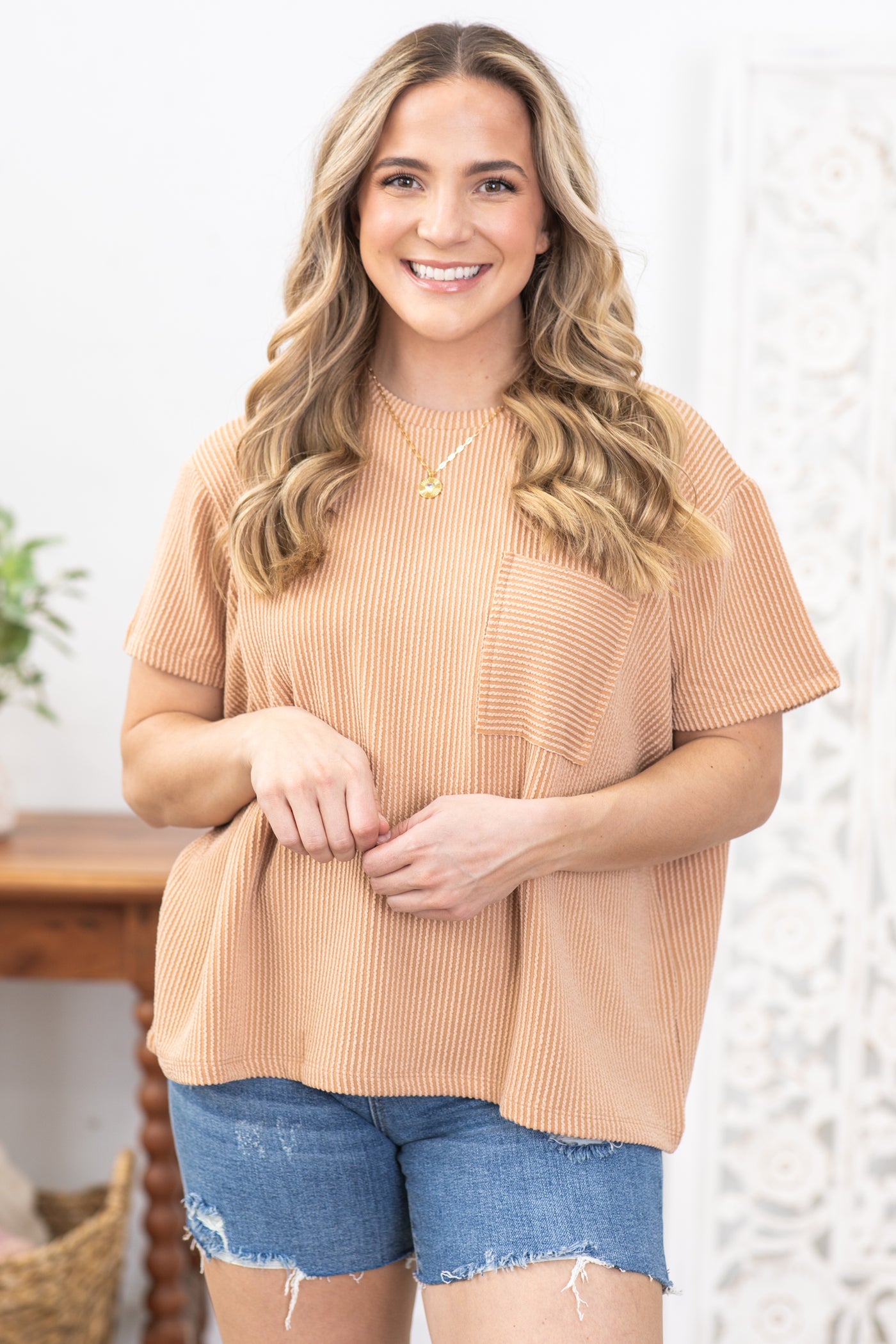 Tan Texture Ribbed Short Sleeve Knit Top