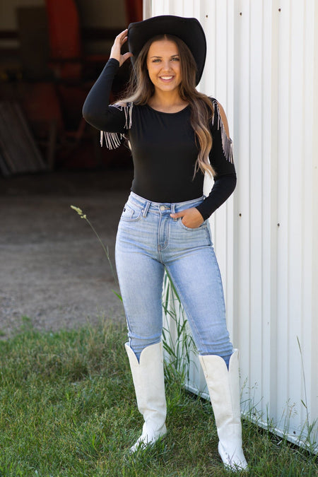 Black Bodysuit With Beaded Fringe Detail - Filly Flair