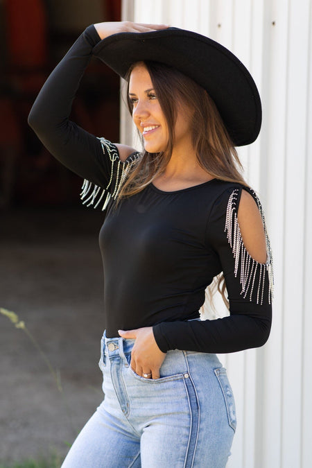 Black Bodysuit With Beaded Fringe Detail - Filly Flair