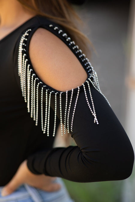 Black Bodysuit With Beaded Fringe Detail - Filly Flair