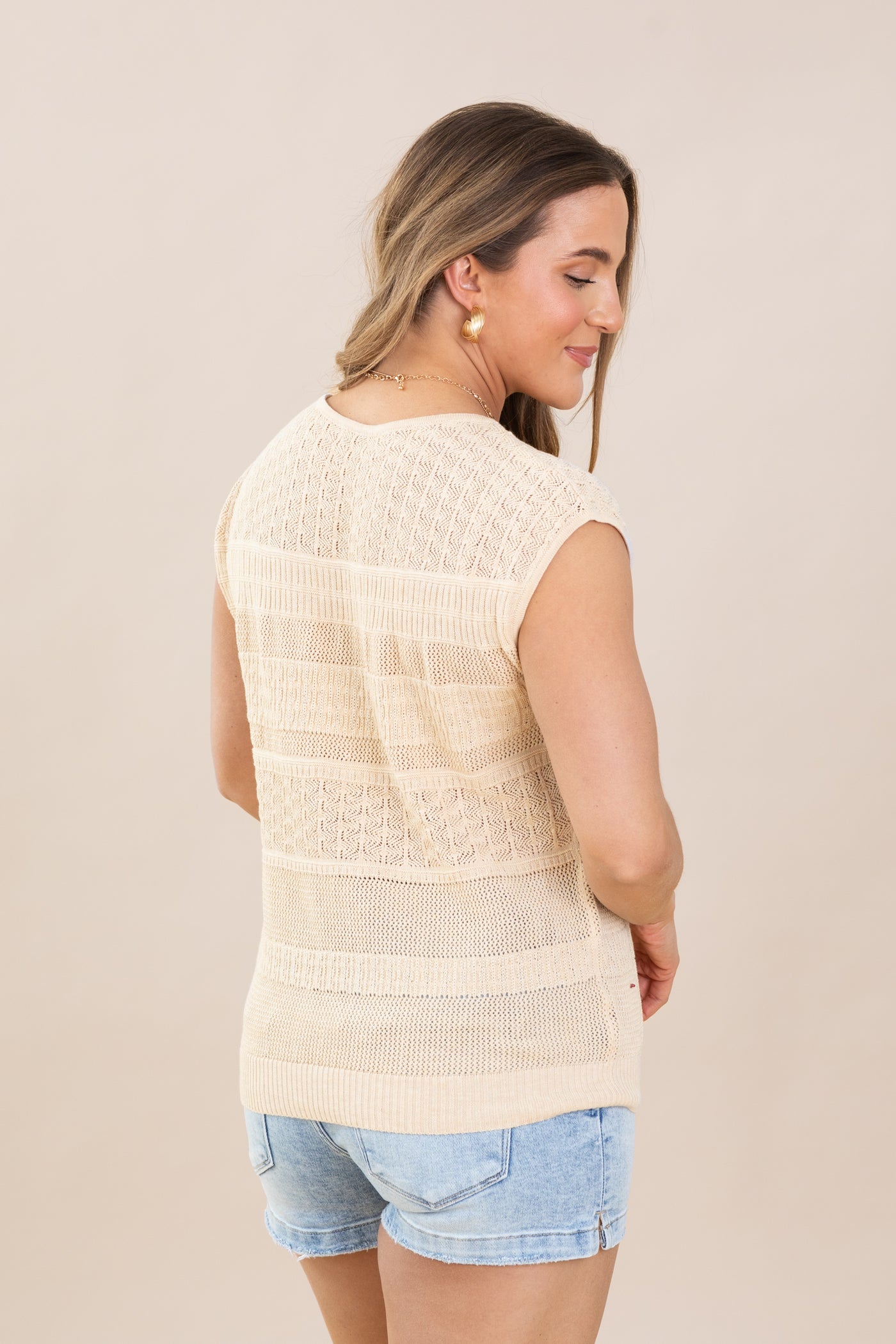 Natural Crochet Detail Knit Top