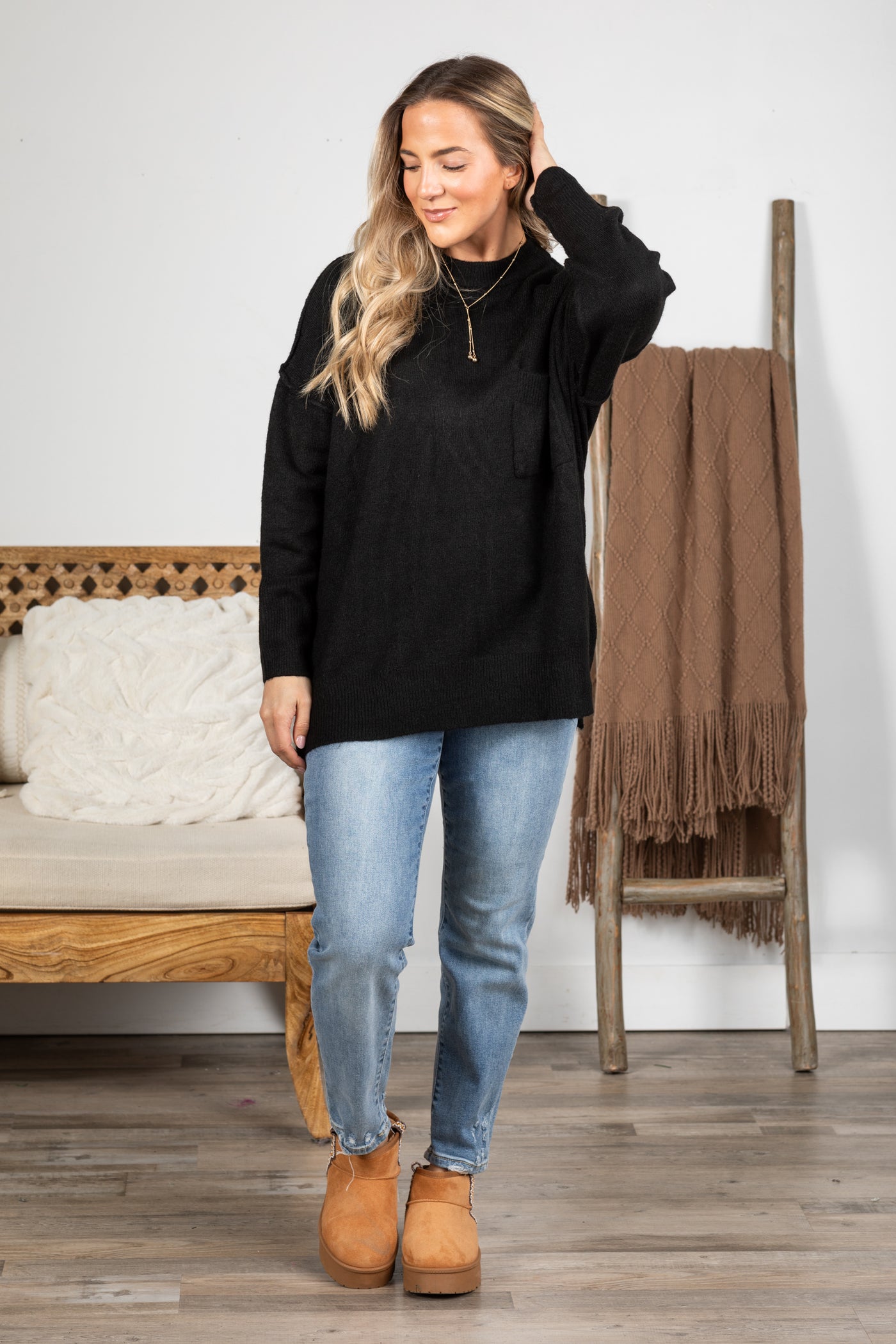 Solid Melange Hi-Low Hem Pocket Sweaters