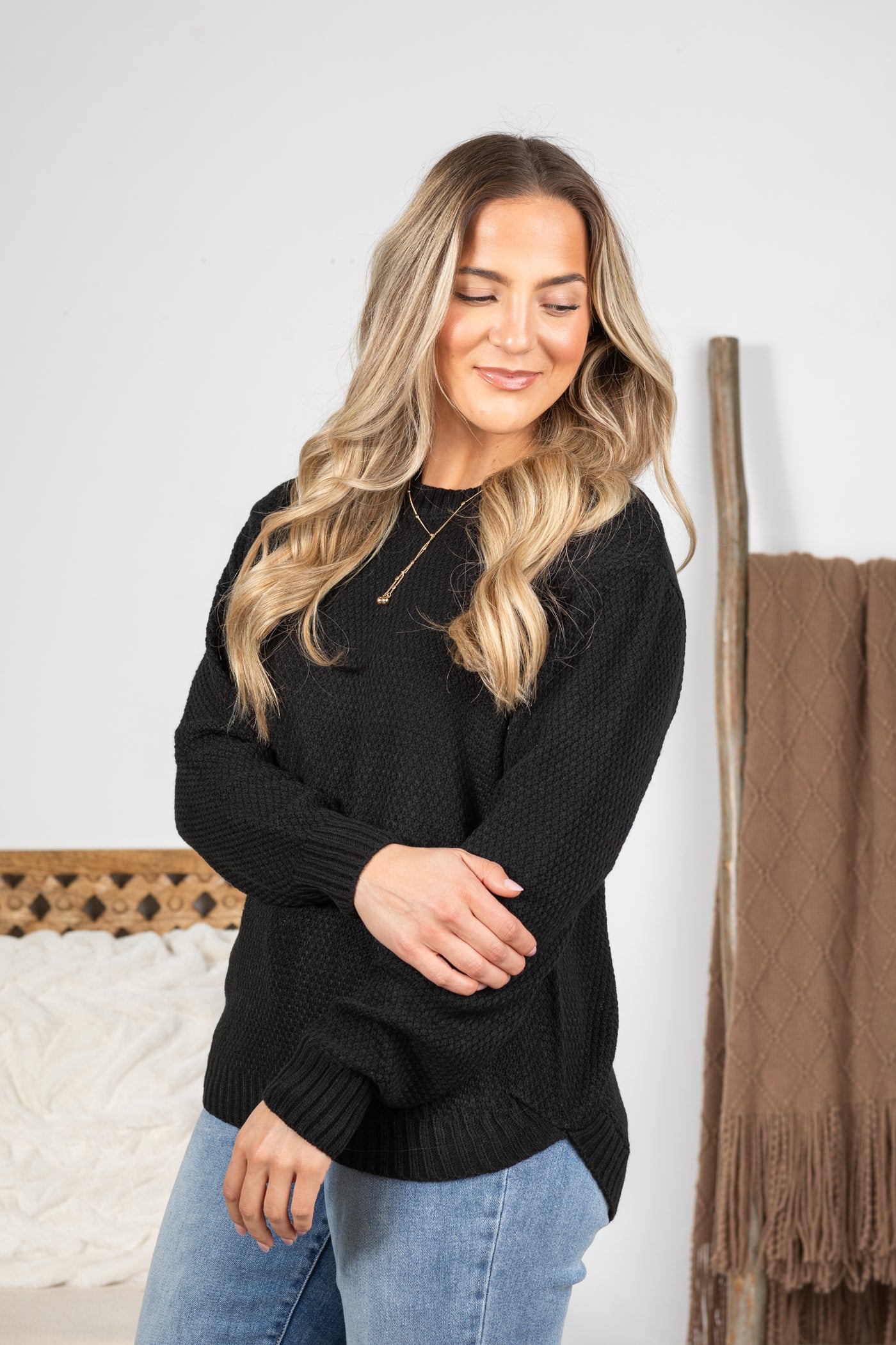 Waffle Round Neck Basic Sweater