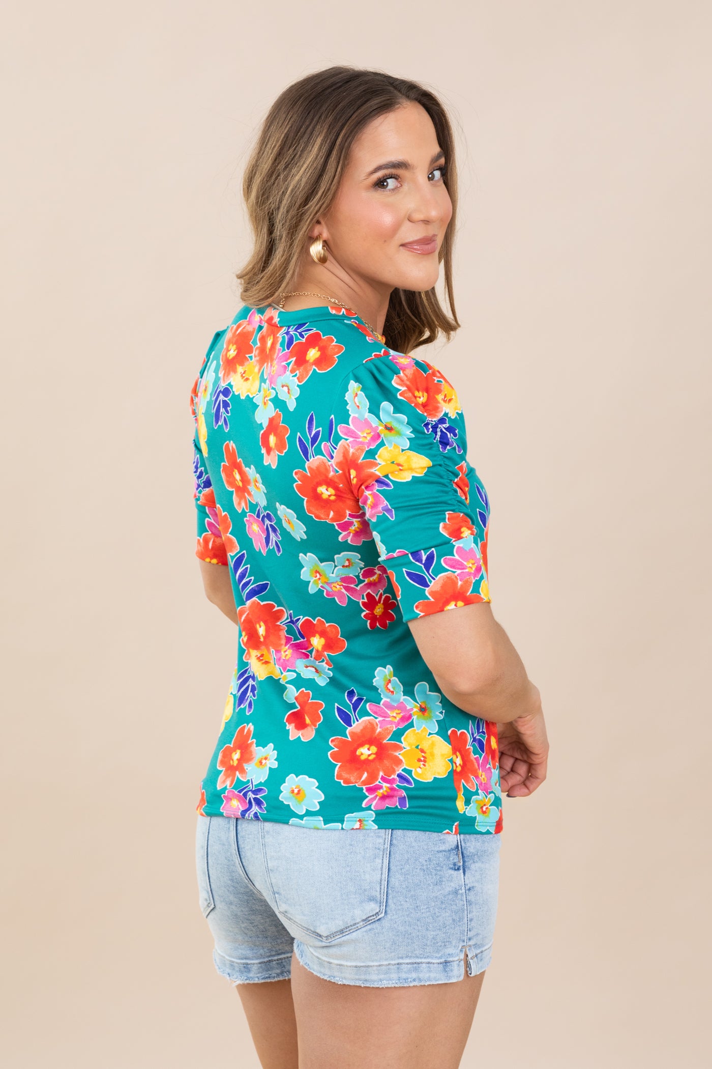 Teal Floral Shirring Detail Knit Top