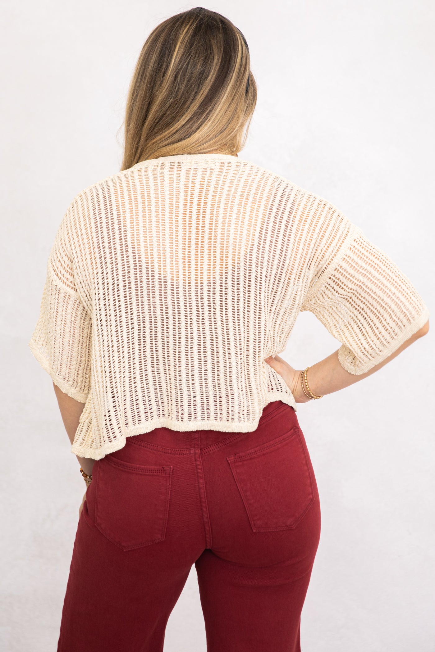 Beige Fishnet Knit Short Sleeve Cardigan