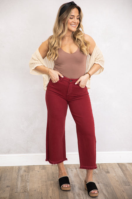 Risen Wine Wide Leg Tummy Control Jeans