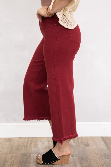 Risen Wine Wide Leg Tummy Control Jeans