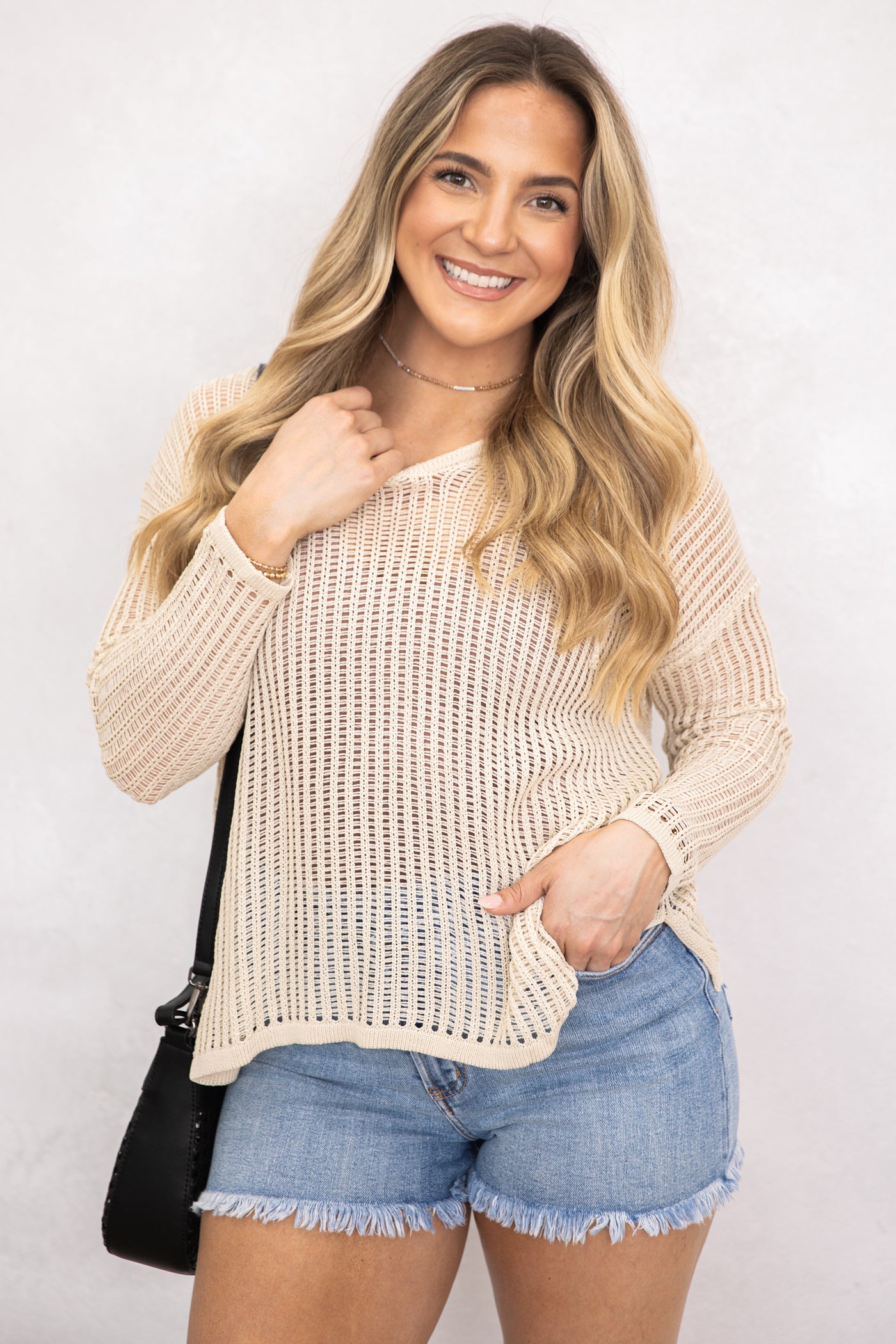 Beige Lightweight Crochet Hoodie Tunic Top