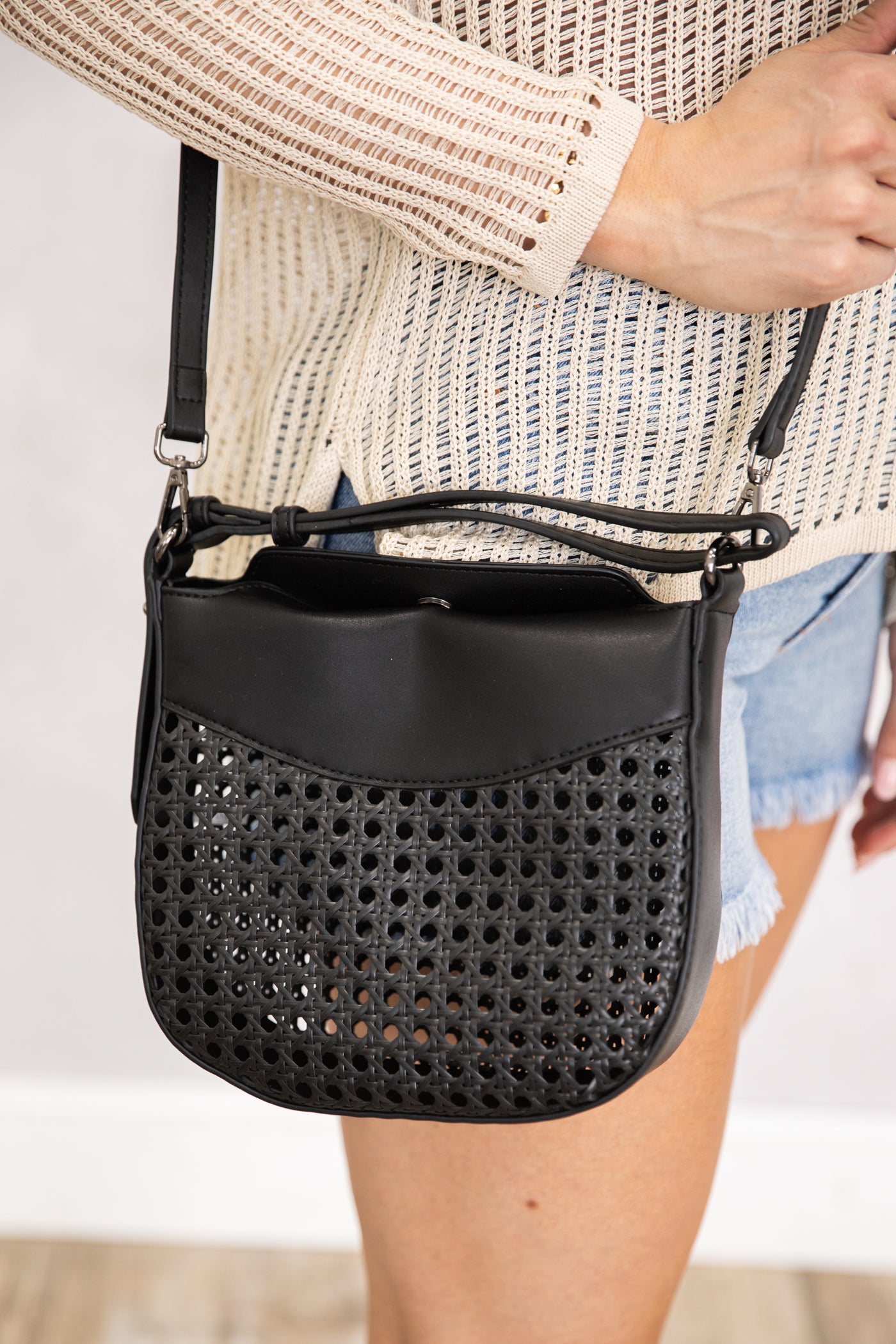 Black Rattan Bag With Vegan Leather Trim