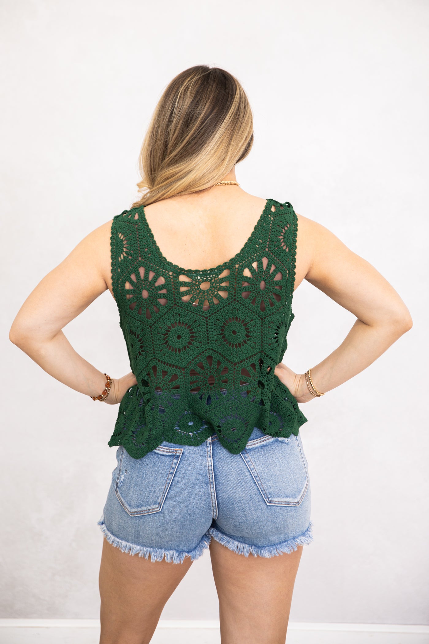 Hunter Green Casual Crochet Knit Tank Top