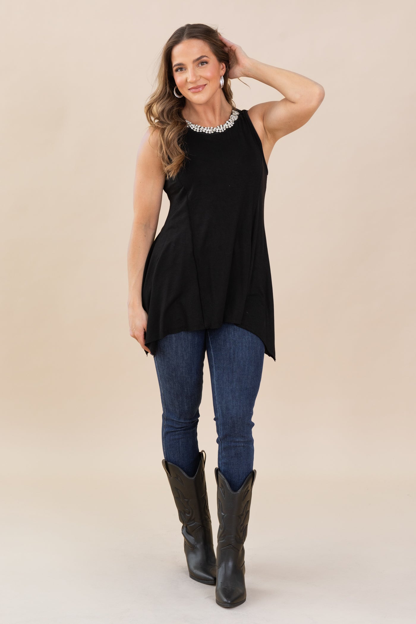 Black Neck Stone Patched Knit Top