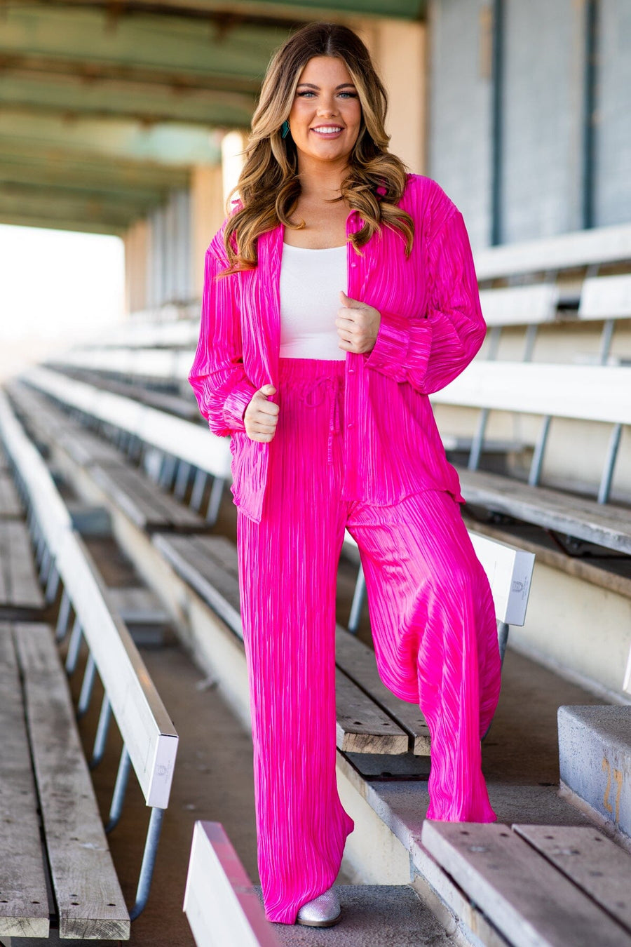 Hot Pink Crystal Pleat Top and Pants Set - Filly Flair