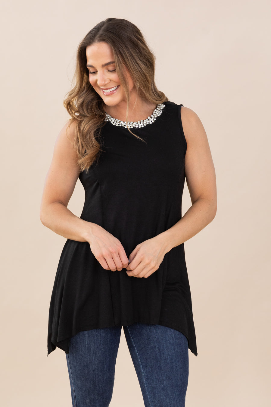 Black Neck Stone Patched Knit Top