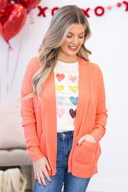 Coral Rib Band Neck and Hem Cardigan