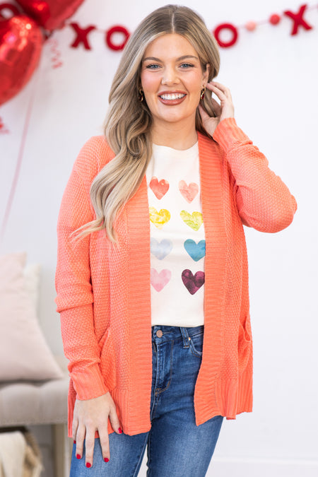 Coral Rib Band Neck and Hem Cardigan