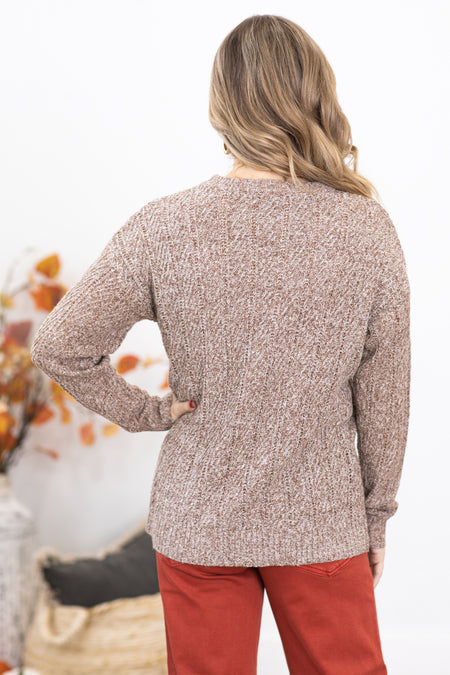 Heathered Mocha Textured Crew Neck Sweater