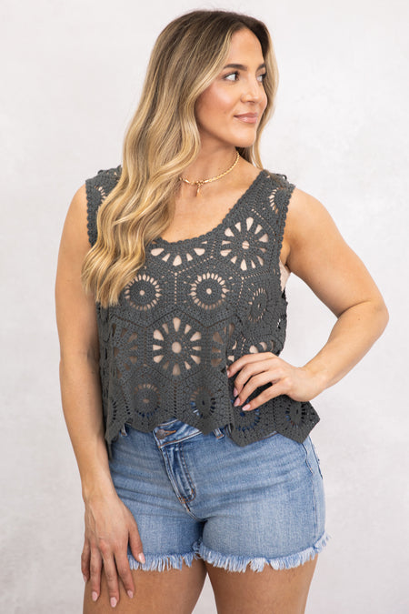 Charcoal Casual Crochet Knit Tank Top