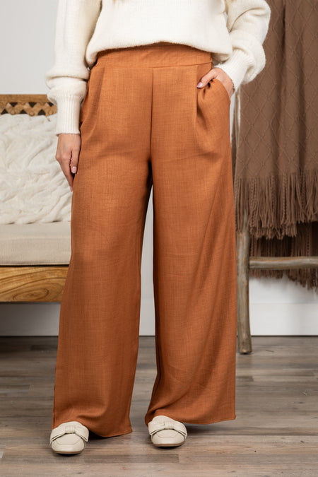 Front Pleats Elastic Waist With Pockets Pants