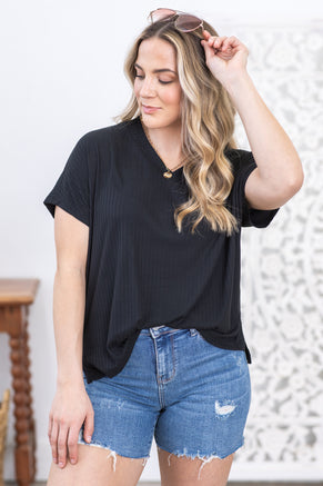 Black V-Neck Top With Back Seam Detail