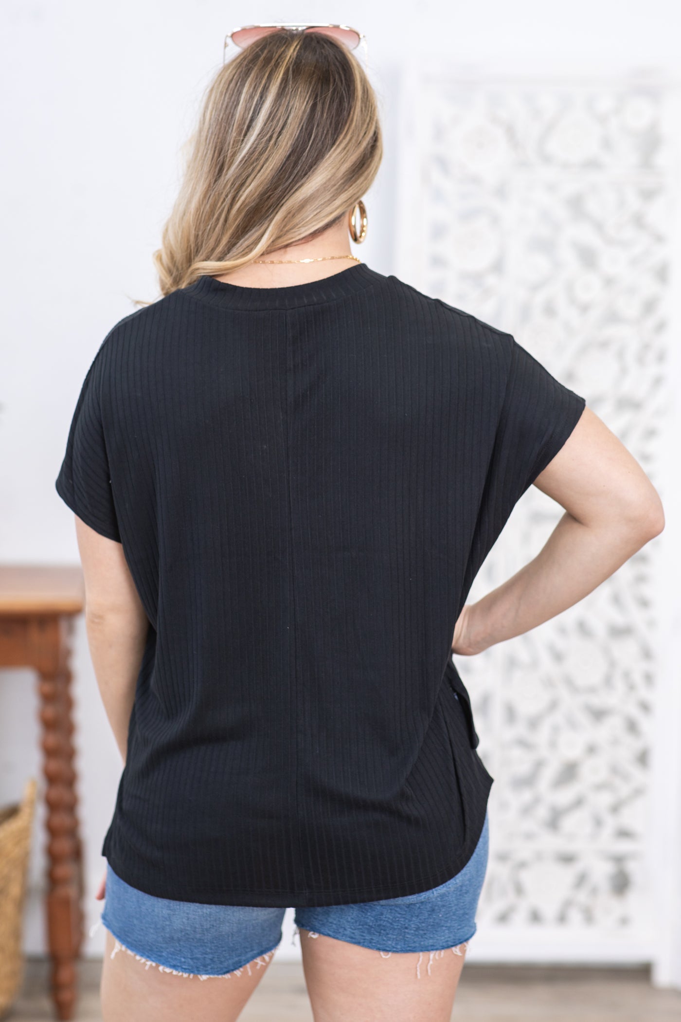 Black V-Neck Top With Back Seam Detail