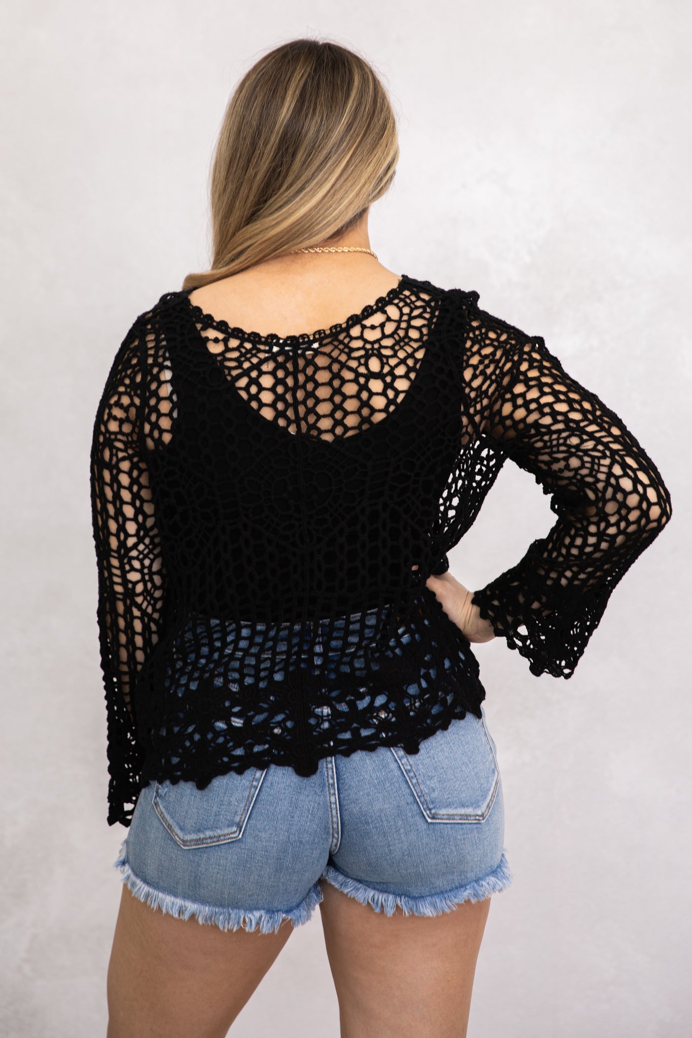 Black V-Neck Crochet Knit Top