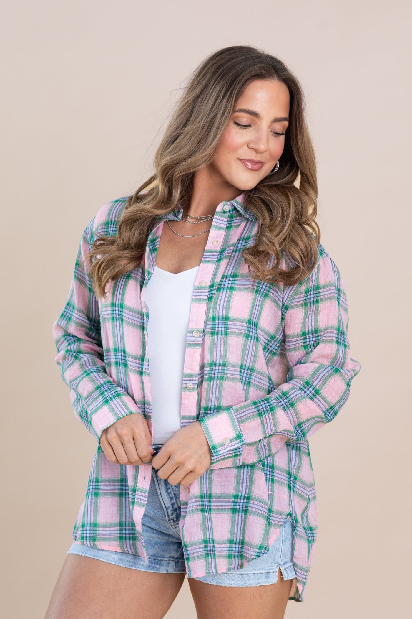 Pink Plaid Print Button Down Shirts