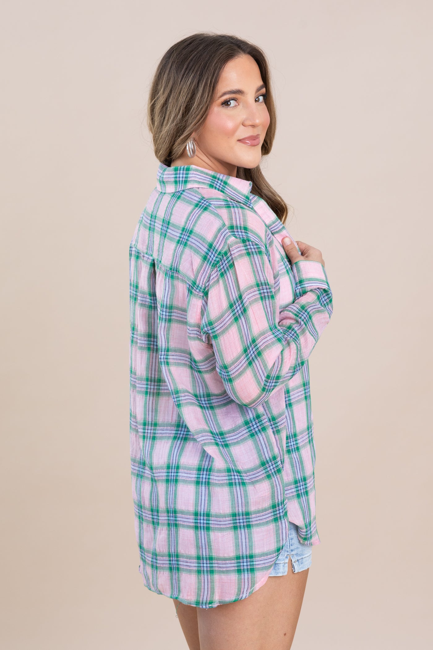 Pink Plaid Print Button Down Shirts