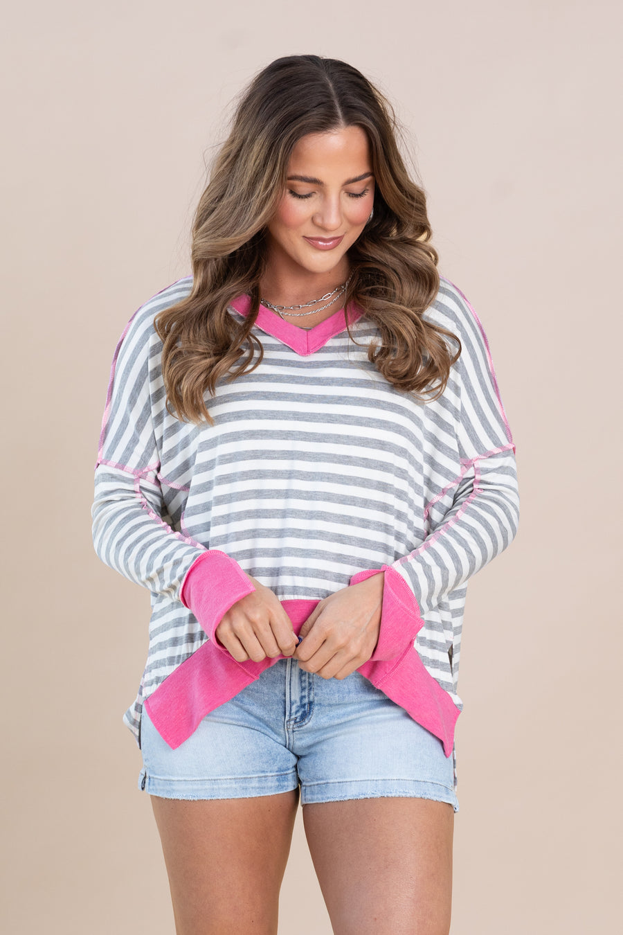 Pink With Grey Stripe Loose Fit Slit Knit Top