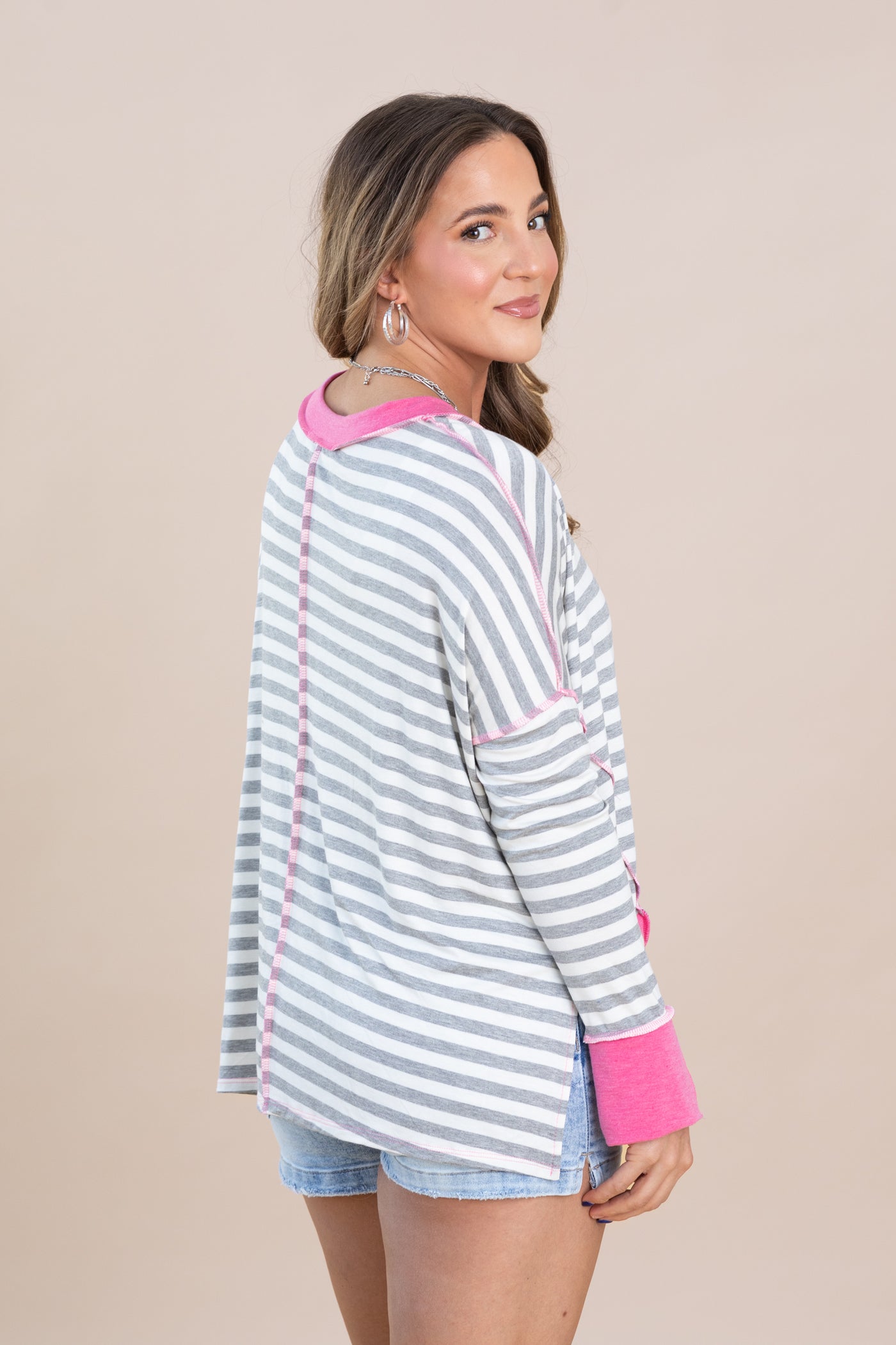 Pink With Grey Stripe Loose Fit Slit Knit Top