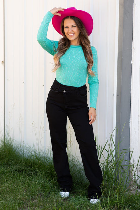 Mint Long Sleeve Bodysuit With Rhinestones - Filly Flair