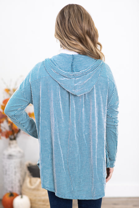 Teal Ribbed Hooded Button Up Top