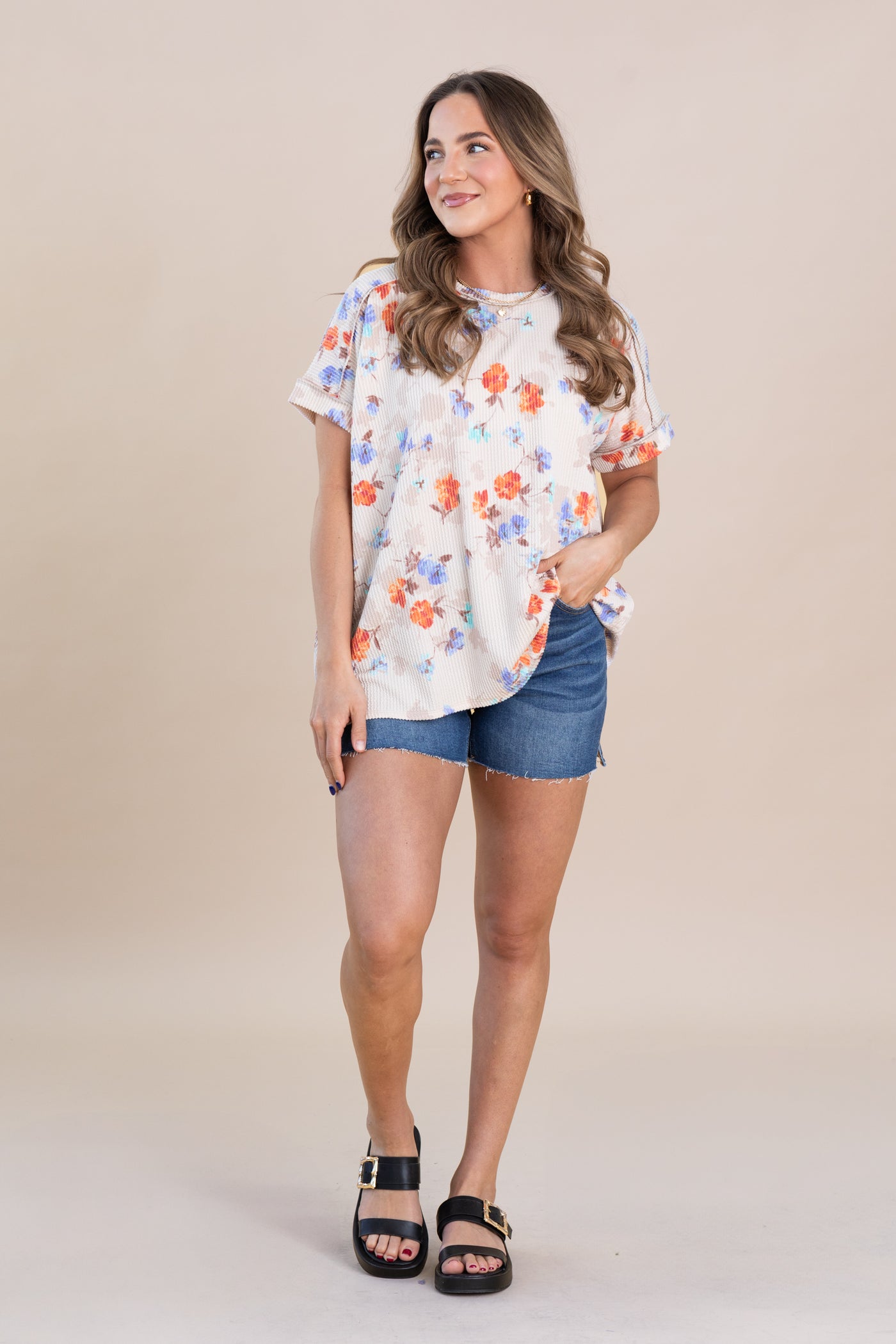 Beige Ribbed Short Sleeve Floral Knit Top