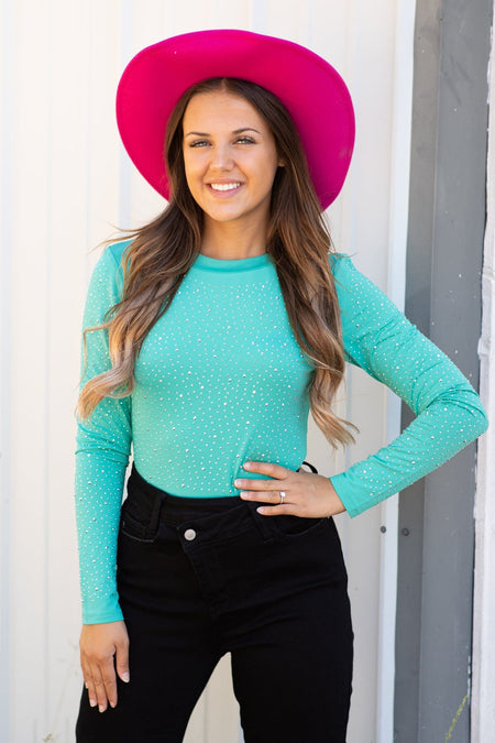 Mint Long Sleeve Bodysuit With Rhinestones - Filly Flair