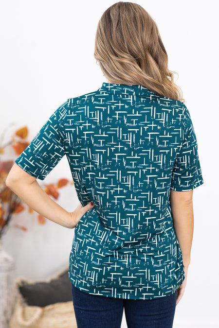 Teal and White Abstract Print Notch Neck Top