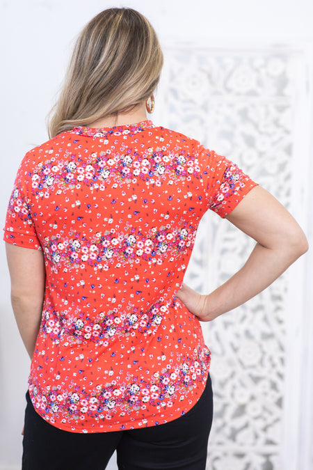 Red Notch Neck Floral Print Short Sleeve Top