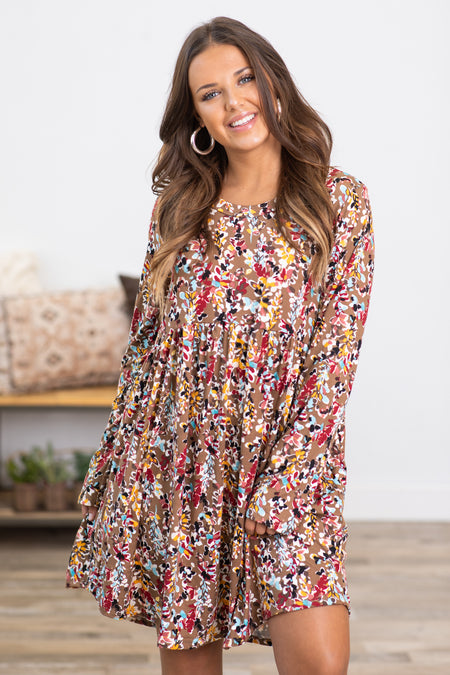 Mocha and Wine Floral Dress With Pockets